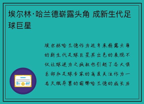 埃尔林·哈兰德崭露头角 成新生代足球巨星 埃尔林·哈兰德崭露头角 成新生代足球巨星