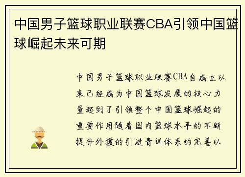 中国男子篮球职业联赛CBA引领中国篮球崛起未来可期