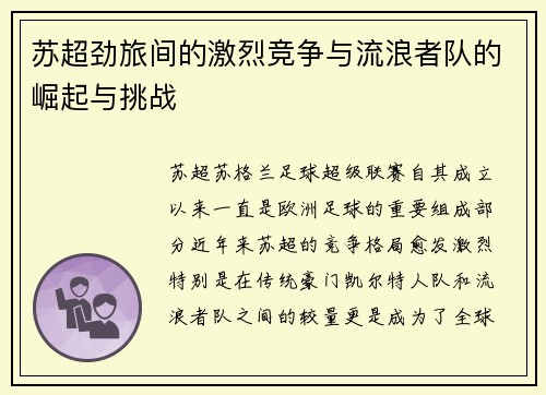 苏超劲旅间的激烈竞争与流浪者队的崛起与挑战 苏超劲旅间的激烈竞争与流浪者队的崛起与挑战