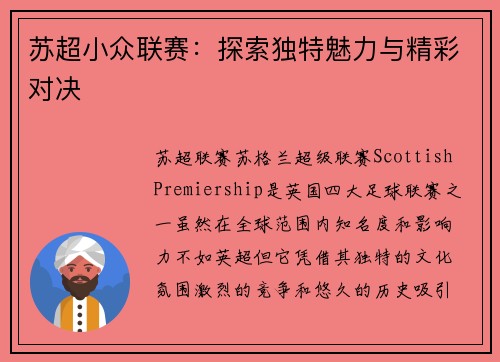 苏超小众联赛:探索独特魅力与精彩对决 苏超小众联赛:探索独特魅力与精彩对决